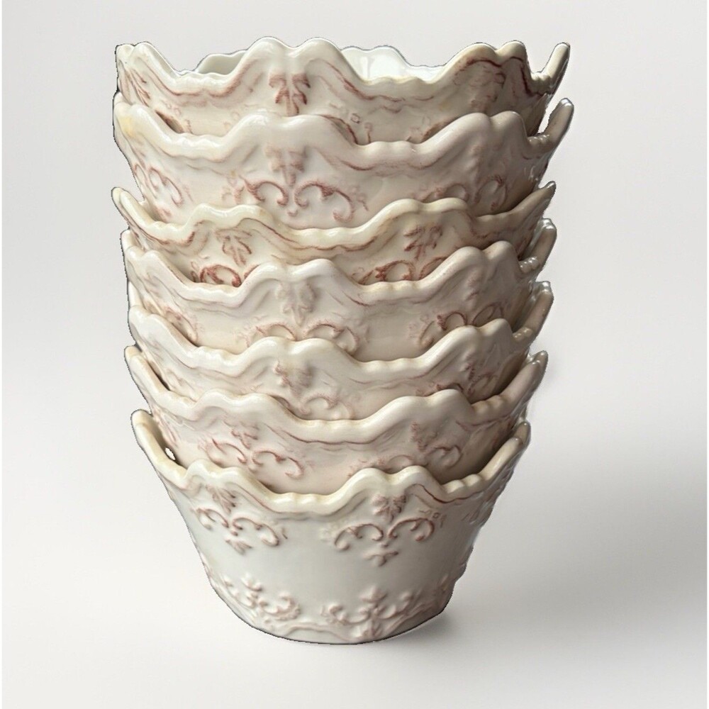 Sweet Olive Designs Fancy Scroll Antique White Ceramic Cereal Salad Bowl Set
